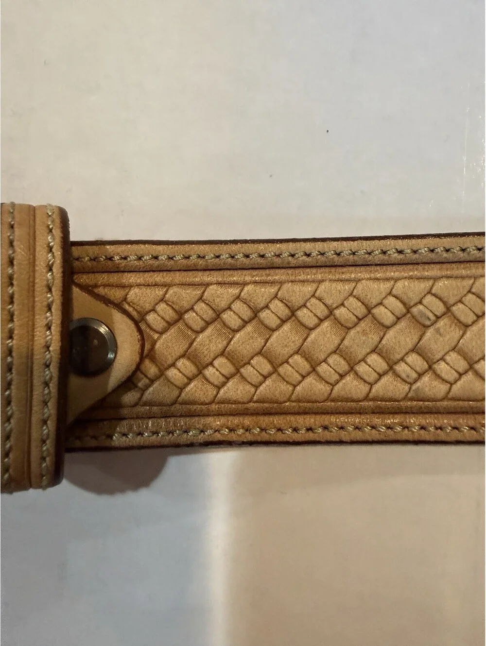 Vintage 1980s Genuine Leather Belt Tan Basketweave Embossed Western 46”